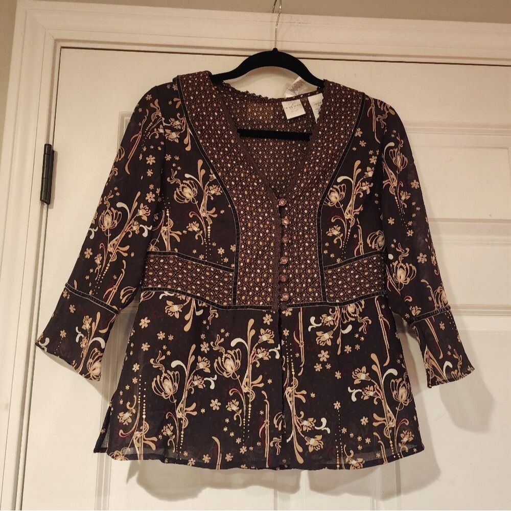 Emma James brown floral layered peplum blouse 8P